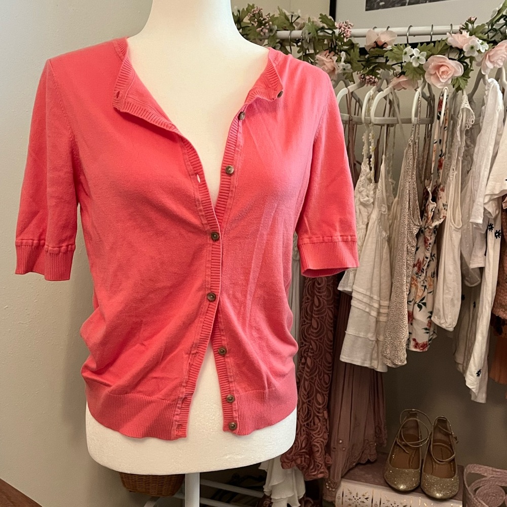 Ann Taylor Loft pink short sleeve button up cardigan sweater